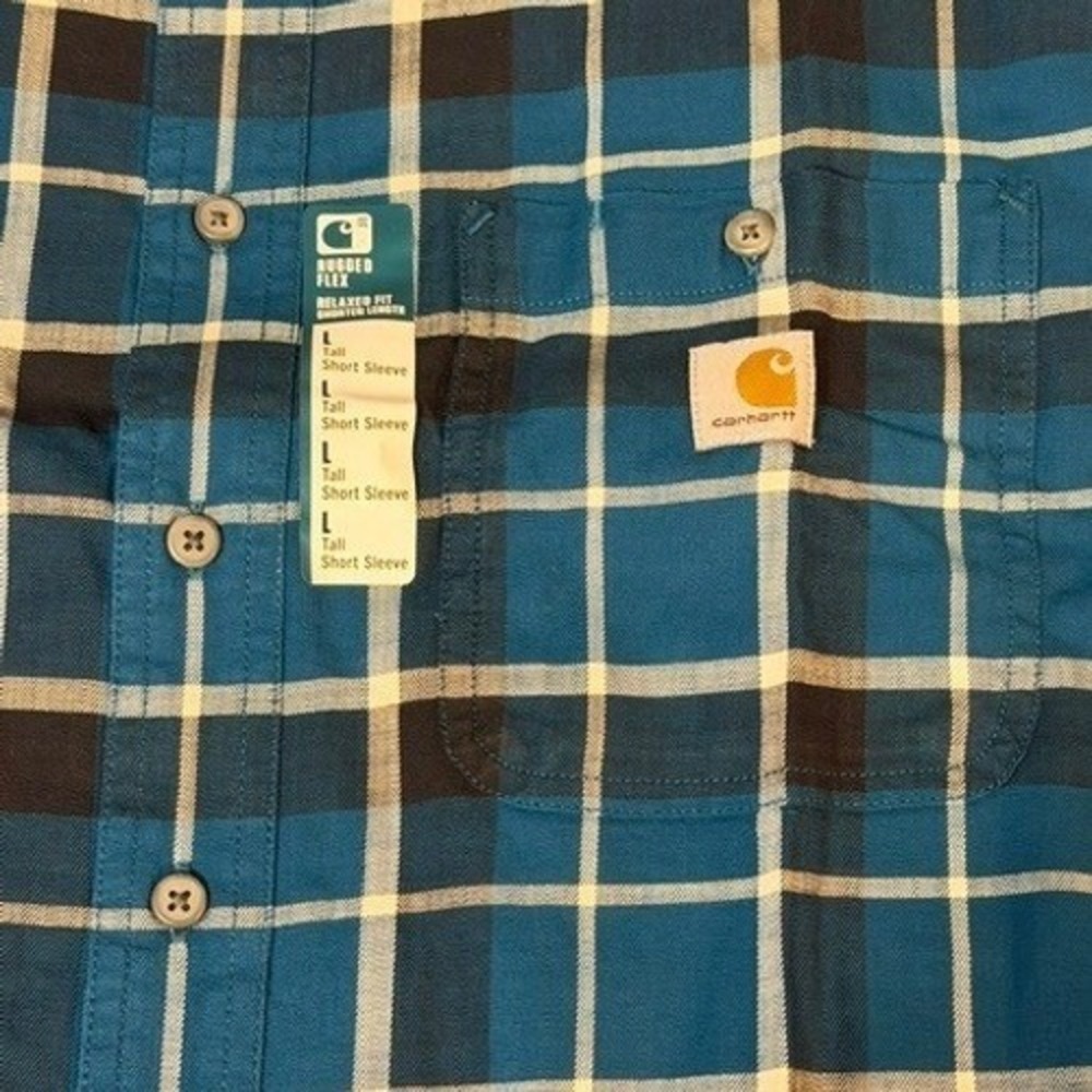 Carhartt Mens Rugged Flex Relaxed Fit Plaid Short Sleeve Shirt Blue L Tall NEW - Picture 7 of 9